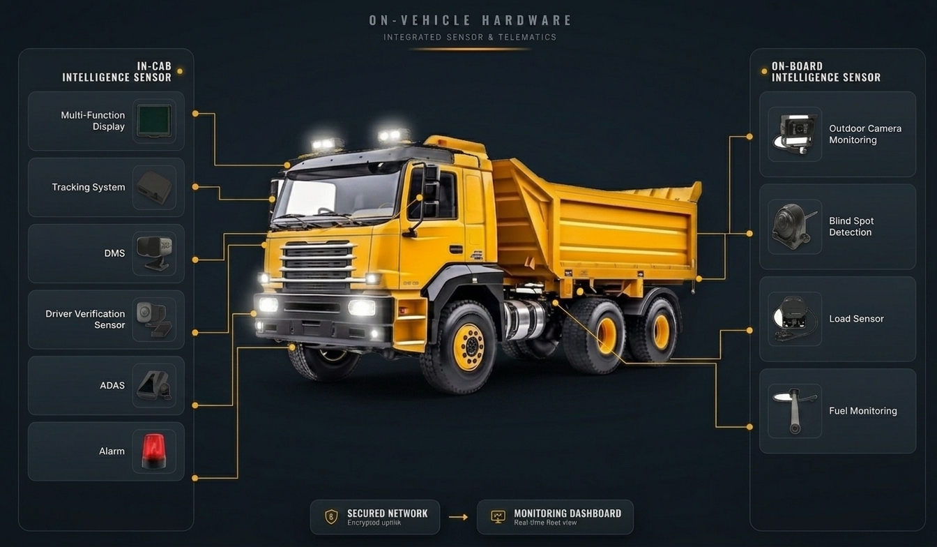 Mahatrax on-vehicle hardware map: numbered sensors on a haul truck — in-cab ADAS/DMS/tracking suite, fuel monitoring, blind-spot detection, outdoor camera monitoring, and load sensor — connected through a secured network to the cloud application server and monitoring dashboard.